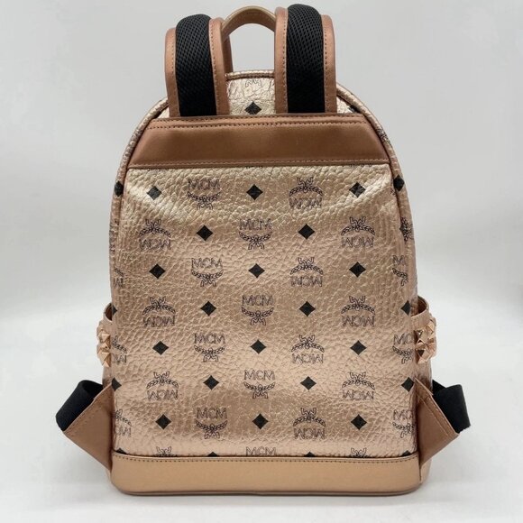 Authentic MCM Visetos Pattern Leather Pink Gold Studded Backpack - Picture 2 of 13